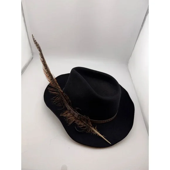 Texas Hat Co Youth Large Black Felt Cowboy Hat with Pheasant Feather USA Made