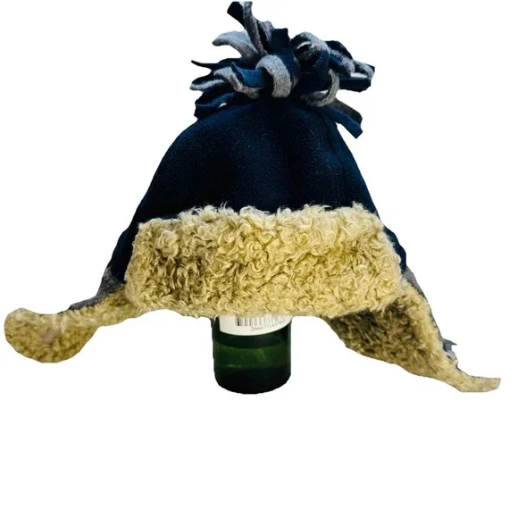 GAP Kids Trapper Hat Winter Fleece Lined Navy Blue Gray Pom‎ Pom Ear Flaps