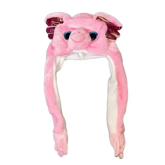 Action Critter CAPS Big Eyes Plush Animal Hat Pink Cute Glitter Eyes Playful