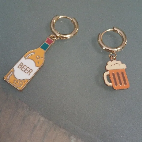 Handmade Gold and Orange Beer Bottle and Mug Earrings