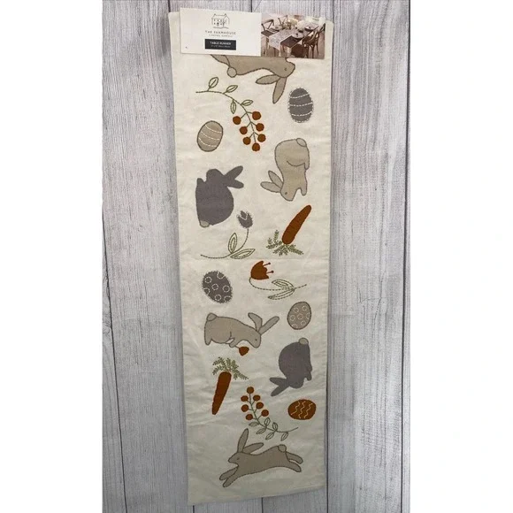 Rachel Ashwell Farmhouse Table Runner 14x72 Easter Bunny Spring Embroidered