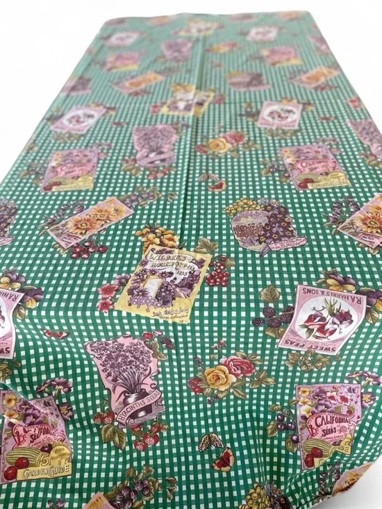 Vintage cottagecore Green Gingham Floral Seed Packet cotton tablecloth
