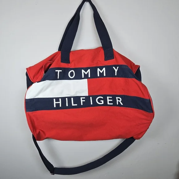 Vintage Tommy Hilfiger Red White Blue Tote Duffel Bag Large Zip Gym Activewear