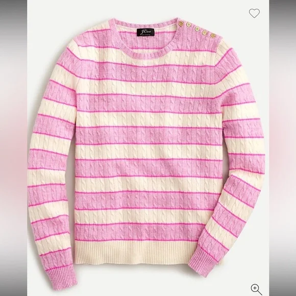 J.Crew Cable-knit Cashmere Crewneck Sweater Pink White Stripe Shoulder Buttons M