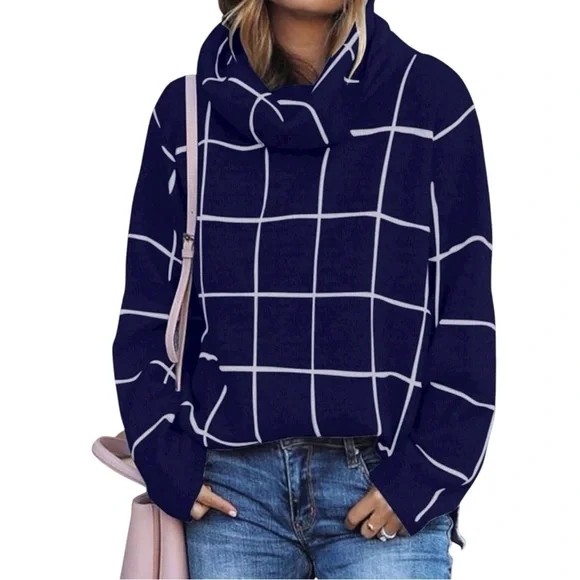 J. Crew Navy and White Grid Turtleneck Sweater