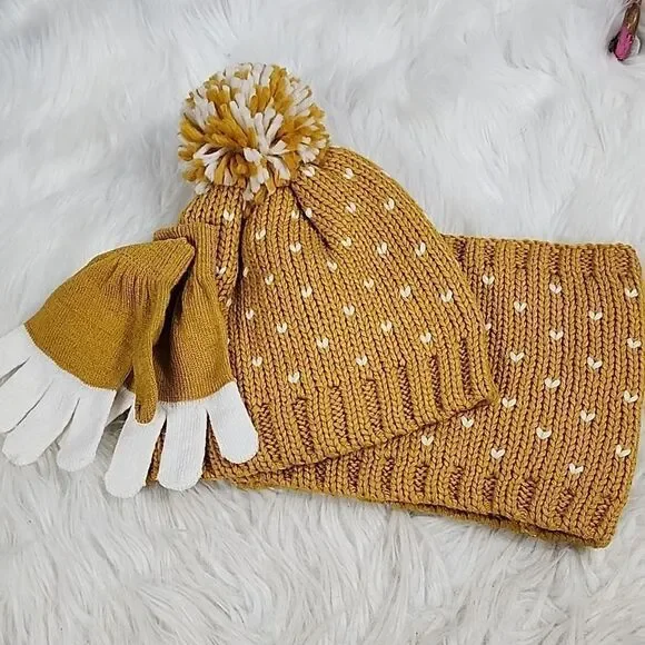 Toby Knit Mustard Yellow Stocking Cap, Gloves and Cowl neck Scarf Set