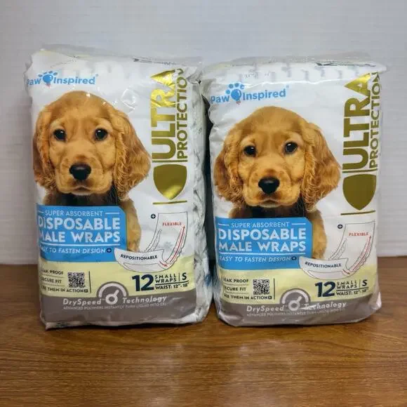 Disposable Male Wraps Paw Inspired - Ultra Protection SMALL Dog Diapers 2pk New