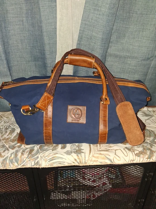 Canvas & Leather Weekender Bag in Navy Brown