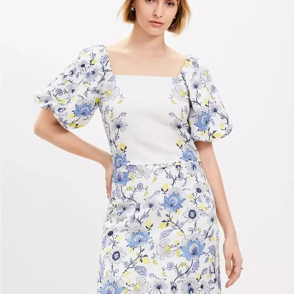 Loft linen Floral puff sleeve‎ blouse square neck spring feminine smocked