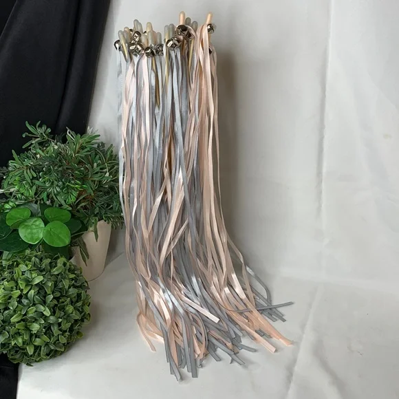 Set of 29 peachy pink and gray FAIRY WANDS / wedding ribbon streamers with bells