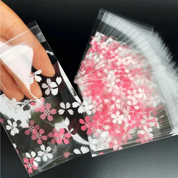 Floral Clear Plastic Small Bags - Pink and White (50 pack)