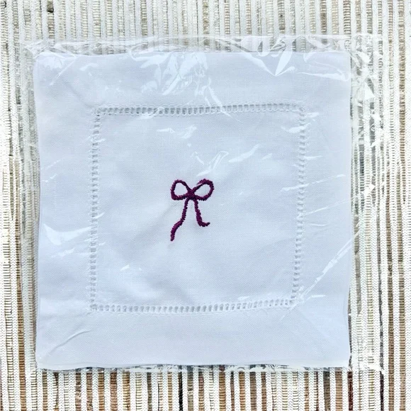 Handmade White Cocktail Napkin with Magenta Bow Embroidery - Set of 4