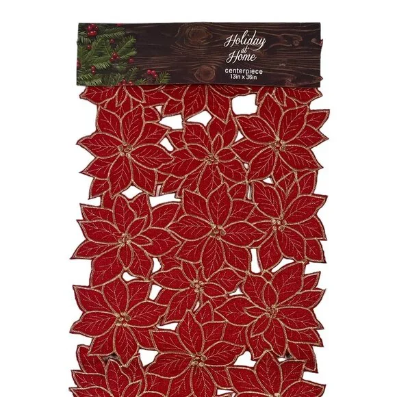 Elrene Poinsettia Cut Work Embroidery Red Gold Centerpiece Table Runner 13