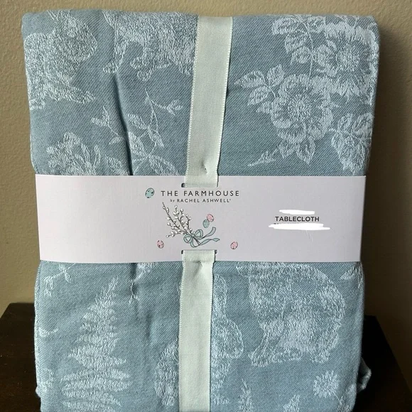Rachel Ashwell Tablecloth New Easter Blue Bunny Floral Jacquard 60”x120” Oblong