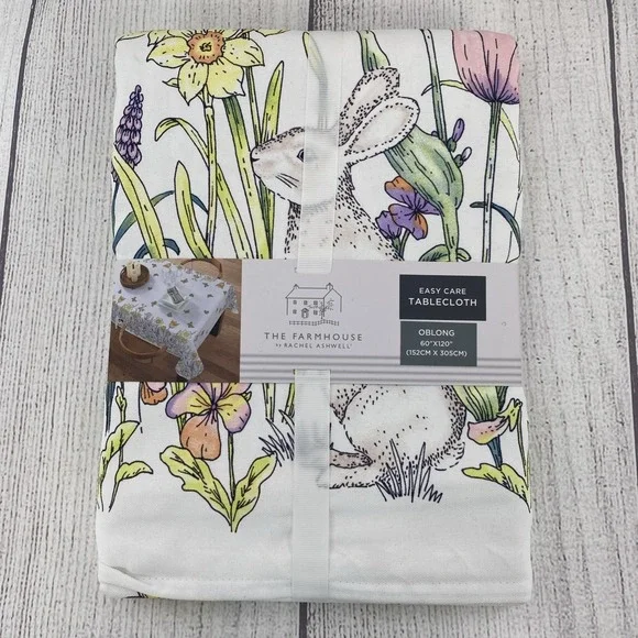 Rachel Ashwell Tablecloth 60x120 White Spring Easter Bunny Rabbit Floral Tulips