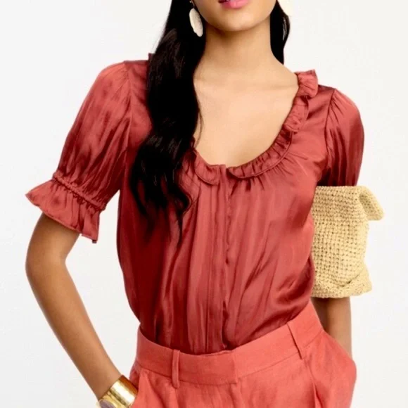 J. Crew Ruffle Featherweight Satin Scoopneck Top