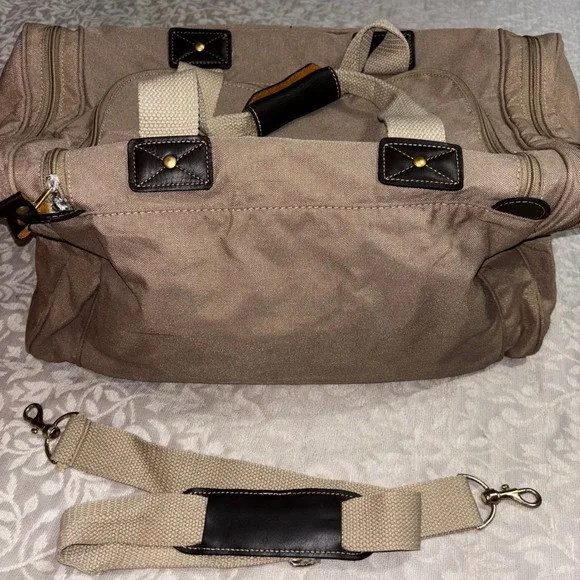 Eddie Bauer Ford Canvas Leather Trim Duffel Bag Weekender Travel Brown Luggage