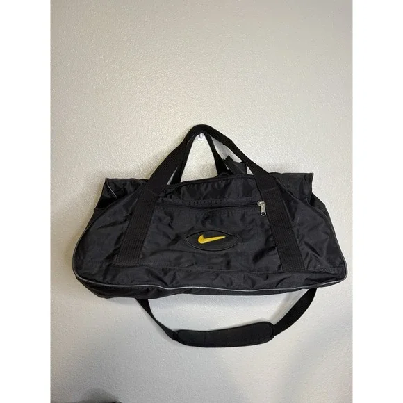 Vintage Nike Duffel Bag Black 90's Gym Bag Sports Nylon Yellow Swoosh