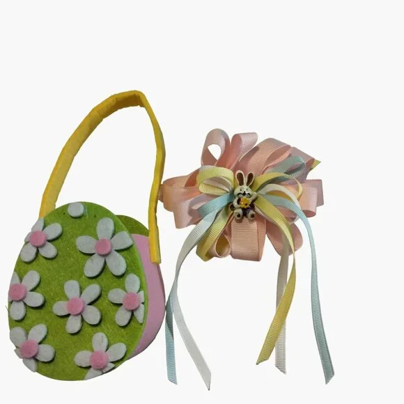 Easter Bunny Hair Ribbon Pink White Girls Bow Barrette Daisy Egg Basket Gift Bag
