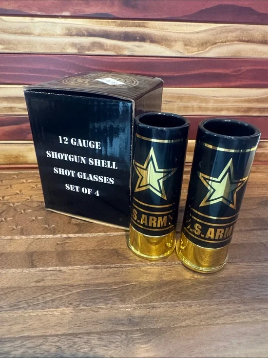 U.S. Army Black & Gold 12 Gauge Shotgun Shell Shot Glasses - Set of 4