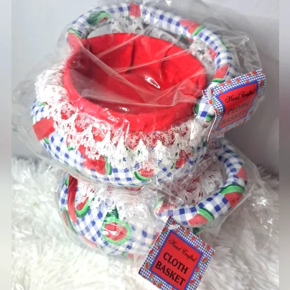 Hand Crafted Watermelon Red and Blue Cloth Basket Bundle NWT