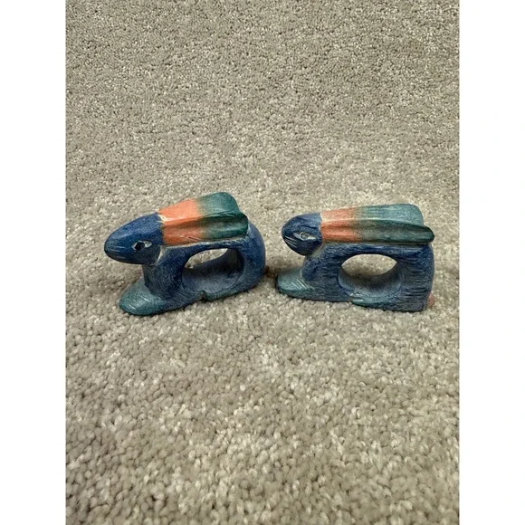 Vintage Hand Carved Rabbit Napkin Rings Set of 2 Blue Teal Coral Bunny