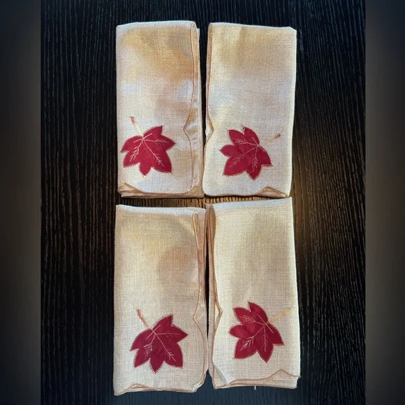 Set of 4 Iridescent Champagne Cloth Napkins with Red Leaf Design