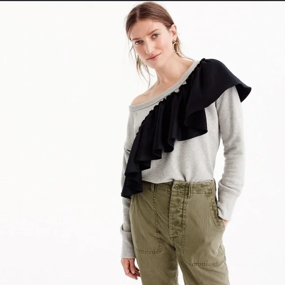 J. Crew Gray Sweatshirt with Black Ruffle