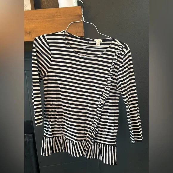 J. Crew Black and White Striped Ruffled Shirt