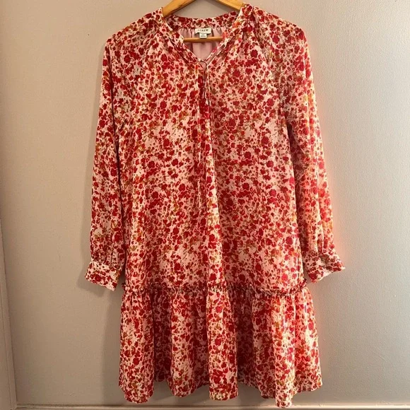 J. Crew Red and White Tiered Bishop Sleeve Dress