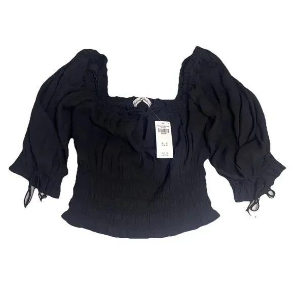 Abercrombie Fitch Black Smocked Puff Sleeve Peasant Top Blouse Womens Medium Y2K