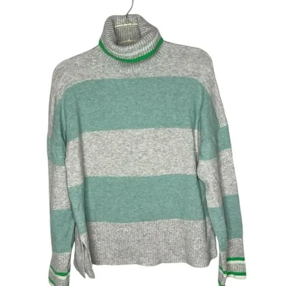J.Crew Green & Grey Stripe Merino/Alpaca Wool Turtleneck Sweater. Size Small.