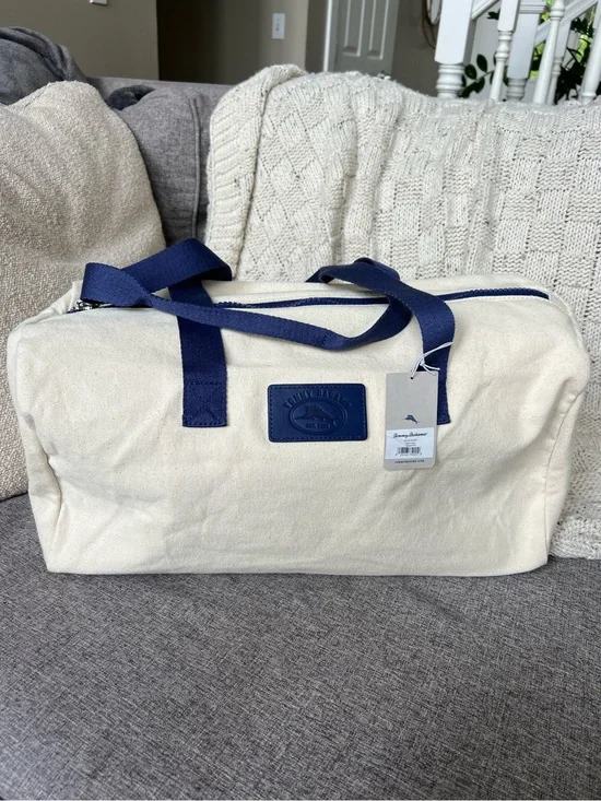 Tommy Bahama NWT Natural Cream Canvas Duffel with Navy Straps