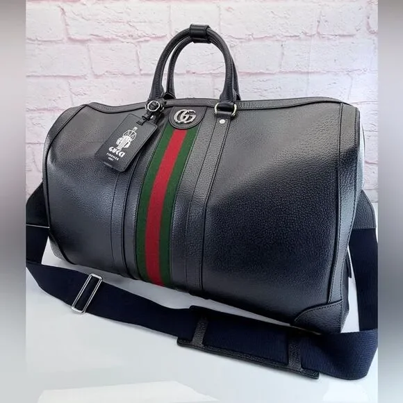 Gucci Navy Blue Savoy Web Stripe Duffle Travel Bag