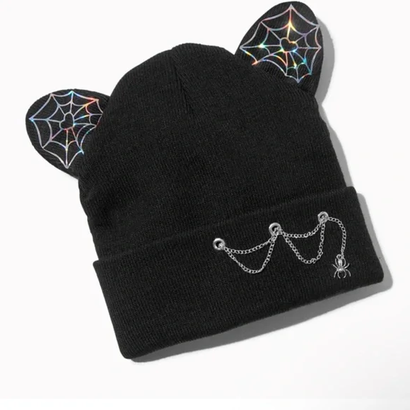 ⭐️3/$15 ⭐️BNWT Claire’s Black Cat Ear Beanie with Spider Web Design