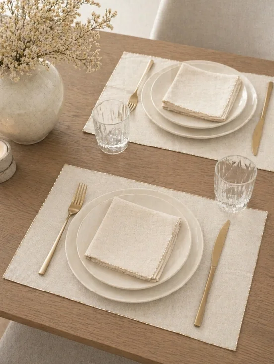 VTG Pure Linen Placemats & Napkins Set Natural Flax Luncheon Linens Coastal