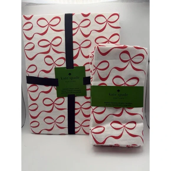 NWT Kate Spade Red Bow Table Cloth‎ (60x84) and Matching Napkin Set