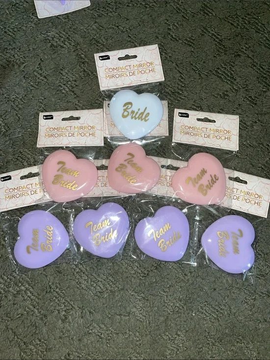 Bride & Team Bride Heart Compact Mirrors - 3 Pink, 4 Purple, 1 White - 8 Total