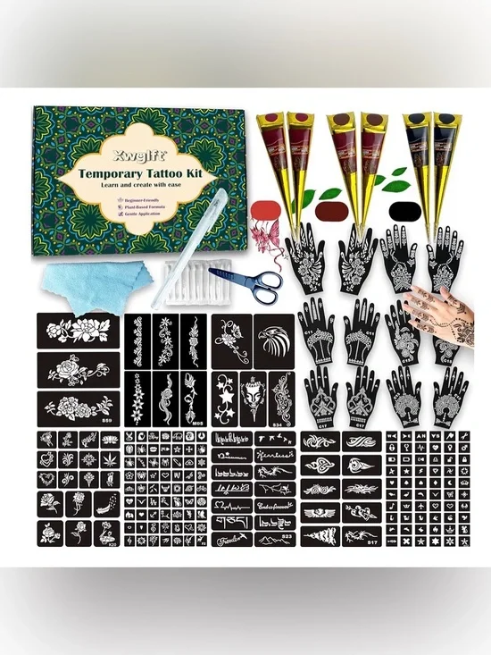 191 PCS Temporary Tattoo Stencils Kit, 6 Standard, 191 Designs & 6 Cones