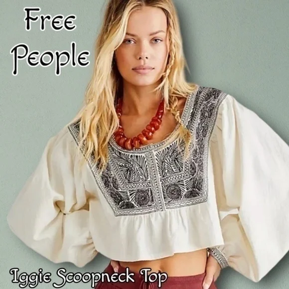 NWT FREE PEOPLE Iggie Embroidered Scoop Neck Long Sleeve Cotton Crop Top/Md