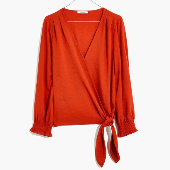 Madewell Smocked Puff-Sleeves Wrap Top V-Neck Blouse Women’s Small Orange MC074