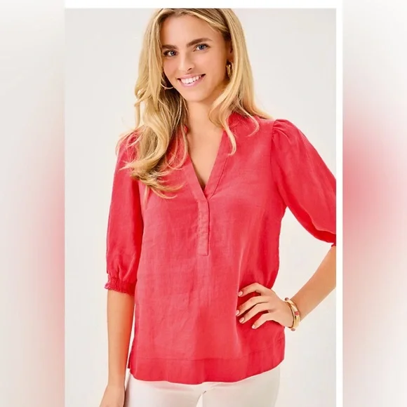 Lilly Pulitzer Womens Mialeigh Elbow Sleeve Top 100% Linen in Cane Corol Size 2