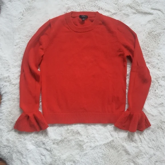 J.Crew Sweater Womens S Red-Orange Ruffle Cuffs Crew Neck Ribbed Trim