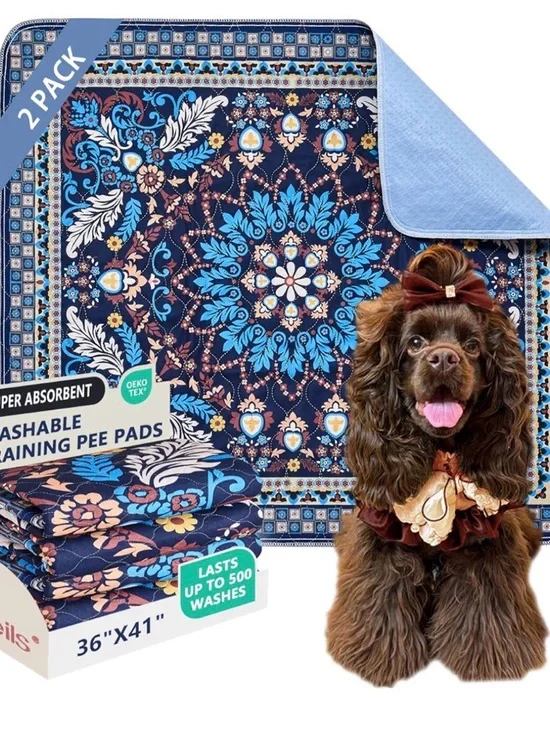 Washable Blue Floral Dog Training Pee Pads - 2 Pack