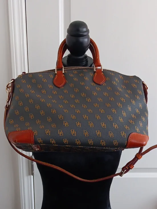 Dooney & Bourke Brown Monogram Handbag with Tan Leather Accents