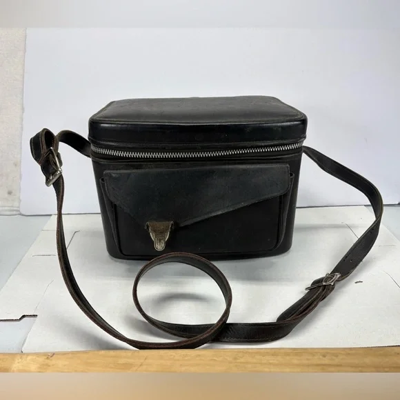 Vintage Black Leather Camera Hard Case 1960s Made In USA