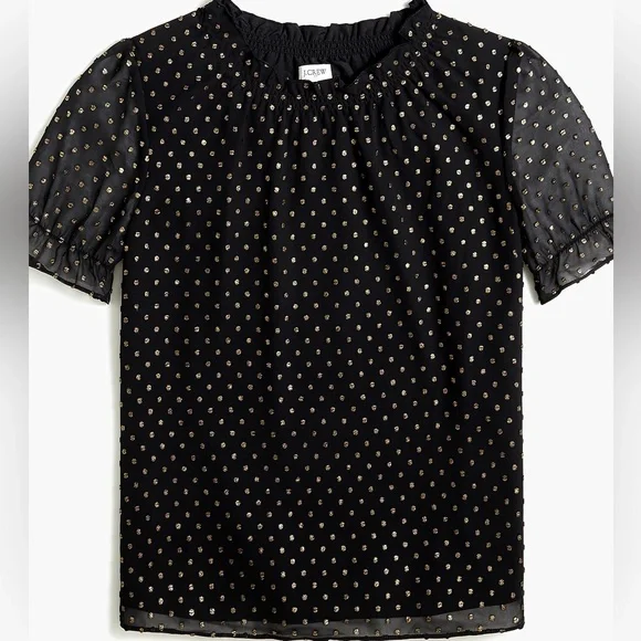 J. Crew Black Blouse with Metallic Gold Dot Pattern. Size Large