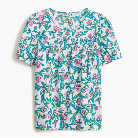 J. Crew Floral Puff Sleeve Top in White and Blue, Size XS
