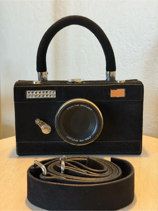 Black Camera-Shaped Crossbody Bag with Removable Strap