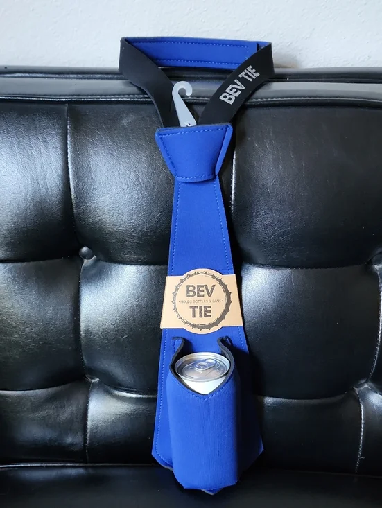 NEW Bev Tie Beer Holder Necktie Gag Gift Blue Neoprene Insulated Can Coozie